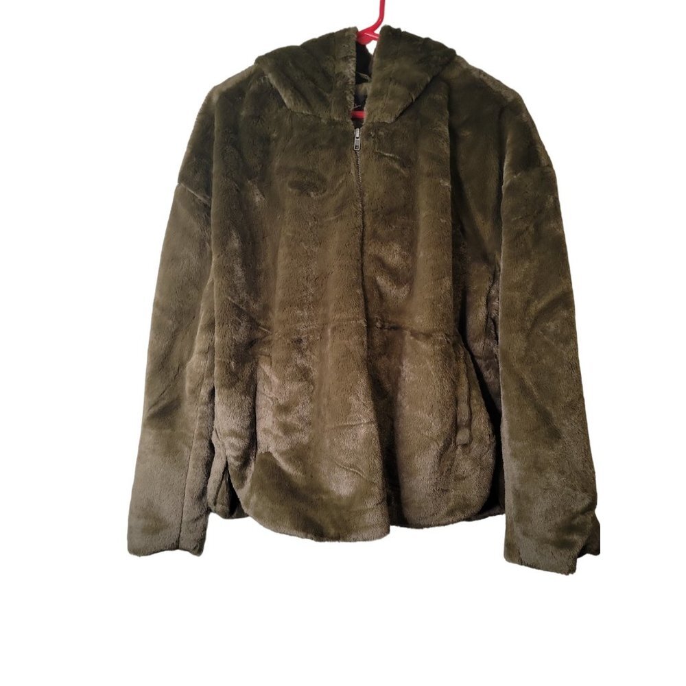 Lulus Size Large Womens Jacket Green Faux Fur Teddy Full Zip Hooded Coat NWT